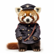 A Red Panda (Ailurus Fulgens) Wearing A Park Ranger's Outfit And Hat.