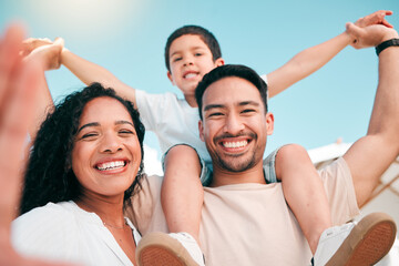 Poster - Selfie, happy family and airplane fun outdoor for bonding, play and having fun in backyard together. Love, portrait and boy child with parents outside for photo, weekend or piggyback game with smile