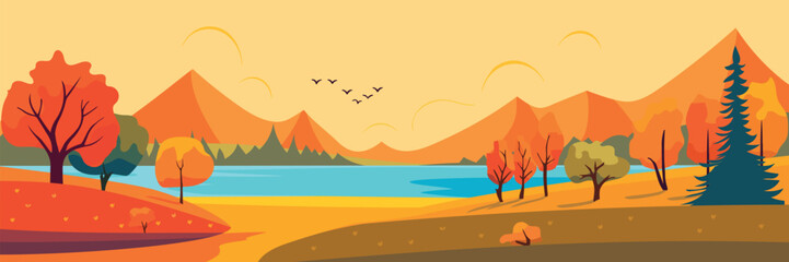 Autumn landscape with trees, mountains, fields, leaves, lake, river and birds. Countryside landscape. Fall background. Vector illustration