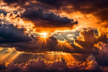 Sunset sky with sun rays and sunset clouds, Generative AI