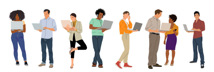Business people working at laptop. Different men and women wearing smart casual, formal office outfits standing, looking at computer. Vector realistic illustration isolated on transparent background.