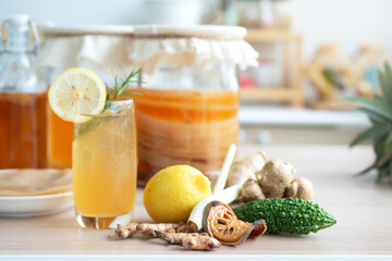 Homemade fermented raw kombucha tea, healthy natural probiotic drink and herbs ingredient, Scoby mushrooms to start the fermentation process in blur background