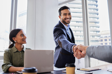 Poster - Business meeting, smile and handshake, people with b2b deal or agreement for startup opportunity in office. Hand shake, partnership and welcome, happy businessman shaking hands for onboarding support