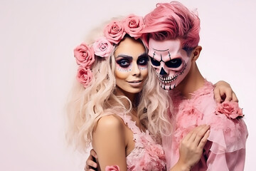 Halloween. A young beautiful couple of a man and a woman with faces decorated for the holiday. Festive makeup for all saints day or halloween.