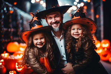 Wall Mural - Happy family, father and little daughters in costumes and make-up on Halloween celebration.