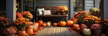 Welcoming Porch Decorated With Pumpkins And Fall Flowers. Porch Decor, Pumpkins, Fall Flowers, Warm Colors, Natural Accents, Lighting Ideas, Home Harvest, Fall Wreaths