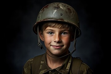 Canvas Print - Portrait of a cute little boy in military uniform on dark background.Generative Ai