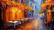 Painting Style Illustration, Beautiful Restaurant Un Urban Street Side In After Raining Atmosphere, Generative Ai