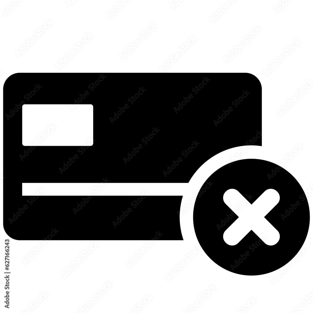 Black single credit card with payment rejection cross mark icon, simple ...