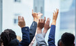 © Kirsten Davis/peopleimages.com - Meeting, conference and business people raise hands for speaking at a corporate seminar. Diversity, tradeshow and closeup of group of employees with a question gesture at a convention in the office.