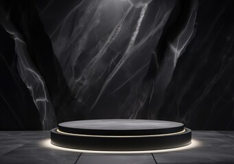 luxury natural stone podium for showing packaging and product on black background, copy space. ai ge