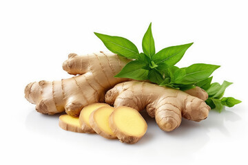 Fresh ginger root sliced ​​with green leaves, Ginger rhizome isolated on white background , Created with Generative Ai Technology