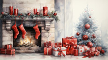 Christmas Stocking Hanging At A Rich Decorated Fireplace In Watercolor Painting Design