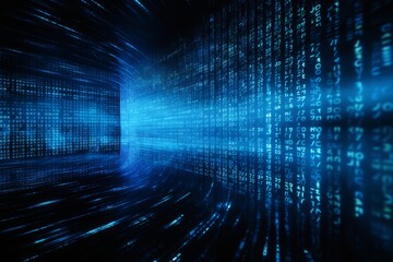 Blue digital binary data on computer screen background