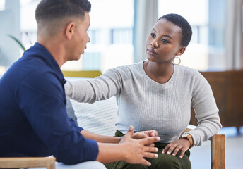 Leinwandbilder - Black woman, office and console man in stress, panic or talking with mental health support in workplace. Professional, businesswoman and care for employee, coworker or management of work pressure
