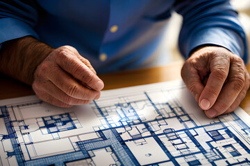 An architect studying the blueprint technical detail of a building for a real estate property development project. A house buyer looking at the design layout of a housing apartment. Generative AI.