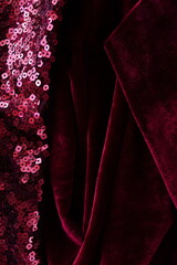 Wall Mural - Velvet texture dark red color with sparkles Sequins fabric texture background with copy space . Expensive luxury fabric,  wallpaper. Holiday, Christmas backdrop.