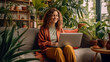 © AspctStyle - Young happy busy professional business woman sitting with laptop in cozy greenhouse. Cozy office workplace, remote work concept
