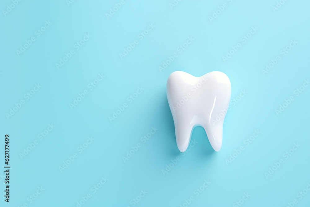 model of a healthy white tooth on a blue background with copy space ...