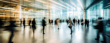 Crowd Of Blurred People Walking In A Modern Entrance. Blurred Business People