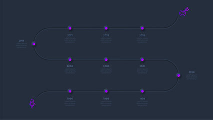 Poster - Neumorphism infographic timeline template with 11 steps or options on the dark background