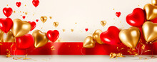 Air Balloons Of Heart Shaped Foil On Pastel Red Background. Love Concept. Holiday Celebration. Valentine's Day