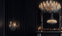 Black Room Interior With A Vintage Sofa, Chandelier, Mirror And Fireplace, Generaitve Ai