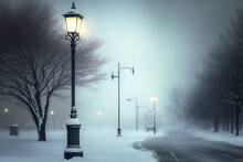 Winter Park With Illuminated Street Lamps. Winter Snowy Shiny Blurred Backdrop. Generative AI