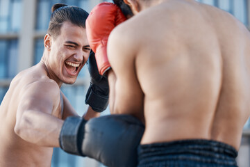 Canvas Print - Punch, boxing match or strong man fighting in sports training, body exercise or fist punching with power. Men, boxers or combat fighters boxing in practice or fitness workout in ring with action