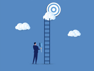 Ambitious businessman hold dart aim high at target on the cloud. Dream big aim high, ambition and challenge to success in business, motivation to achieve big goal , career development concept.