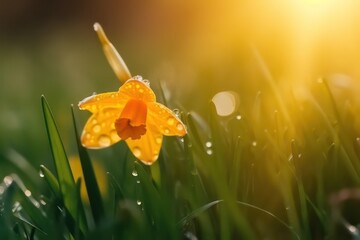 Poster - Beautiful daffodil flower in nature in morning outdoors with beautiful sunlight