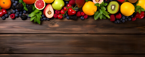 Wide collage of fresh fruits and vegetables for layout on wood background. Copy space