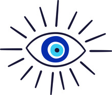 Evil Eye Talisman Icon. Turkish Or Greek Eye Symbol. Greece Ethnic Magic Amulet. Mystical Blue Hamsa Icon In Hand Drawn Style. Nazar Amulet Symbol. Vector Illustration Isolated In Doodle Style.