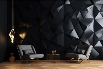 Interior with a beautiful black wall with 3D_ abstract patches 