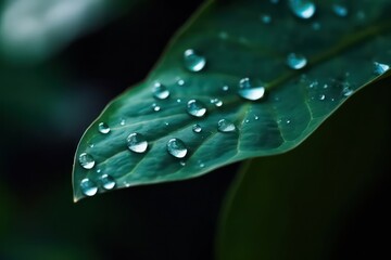 Wall Mural - Large drop water on green leaf reflects environment. Nature spring