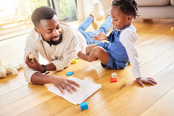 Sticker - African dad, girl and floor for drawing, paper and learning together with smile, love and care in lounge. Black man, daughter and teaching with toys, notebook and helping hand in happy family house