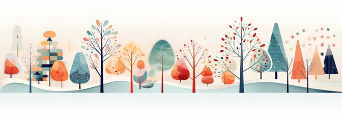 Winter and fall trees illustration in playful geometrics, celebration of rural, natural life. Joyful and optimistic design for a cute and minimalistic xmas seasonal card in european northern style. 