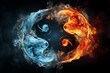 Fire and Ice Yin Yang on Black Background. Generative Ai