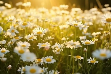 Wall Mural - Sunlit field of daisies close-up. Chamomile flowers on a filed grass