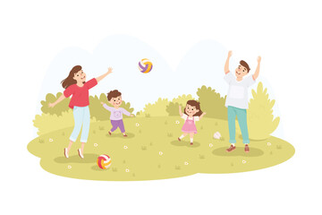 Poster - Family Playing Ball with Children on Green Meadow in Park Vector Illustration