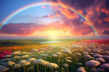 Field Of Yarrow Flowers With A Rainbow In The Sky