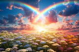 Fototapeta Do akwarium - field of yarrow flowers with a rainbow in the sky