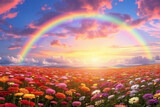 Fototapeta Natura - field of zinnia flowers with a rainbow in the sky