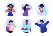 Set Of Sleeping Characters. Women And Men Lie In Various Poses. Sleep On Your Back, Side, And Stomach. Top View. Vector Illustrations In Flat Style.