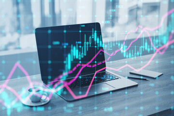 Poster - Close up of laptop at notebook with coffee cup and glowing forex index chart with grid on blurry background. Market, finance and online trading concept. Double exposure.