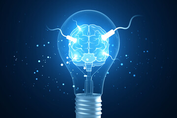 Wall Mural - Creative glowing connected brain hologram and light bulb on blurry blue background. AI, mind and neurology concept. 3D Rendering.