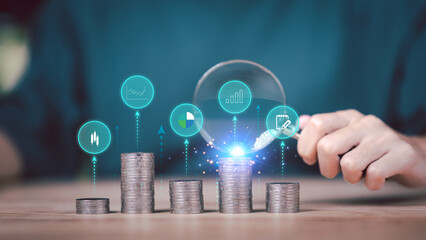 Aufkleber - concept of finance and investment ,profit growth management ,financial graphical and statistical analysis ,Stock and currency fund management ,bank interest management ,high return investment
