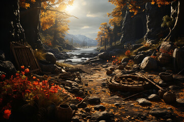 Poster - An image showcases a Stone Age burial site, with ancient skeletal remains and grave goods, providing insights into burial customs and beliefs. Generative AI technology.