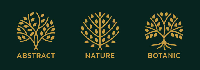 Tree logo or icon set. Modern eco, organic, nature symbol. Abstract plant, leaf, tree of life emblem design. Vector illustration.