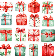Set Of Christmas Gifts Watercolor Ornament Vector Illustration